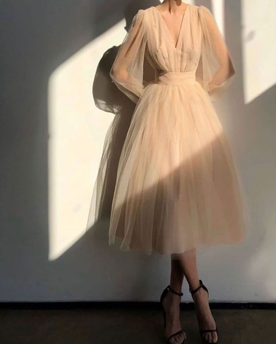 Graduation dress Short A Line Prom Dresses V Neck Long Puff Sleeve Tulle Formal Wedding Evening Party Dresses For Graduation