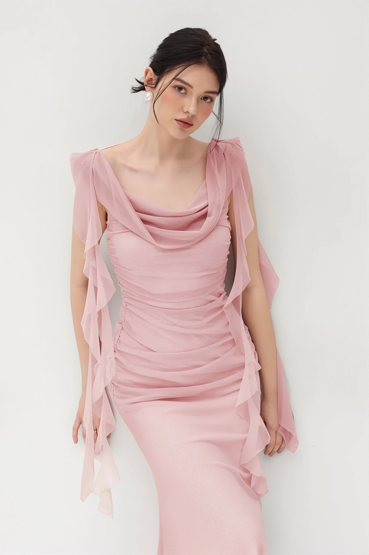 Chiffon Cowl Neck Ruffle Sleeve Mermaid Gown