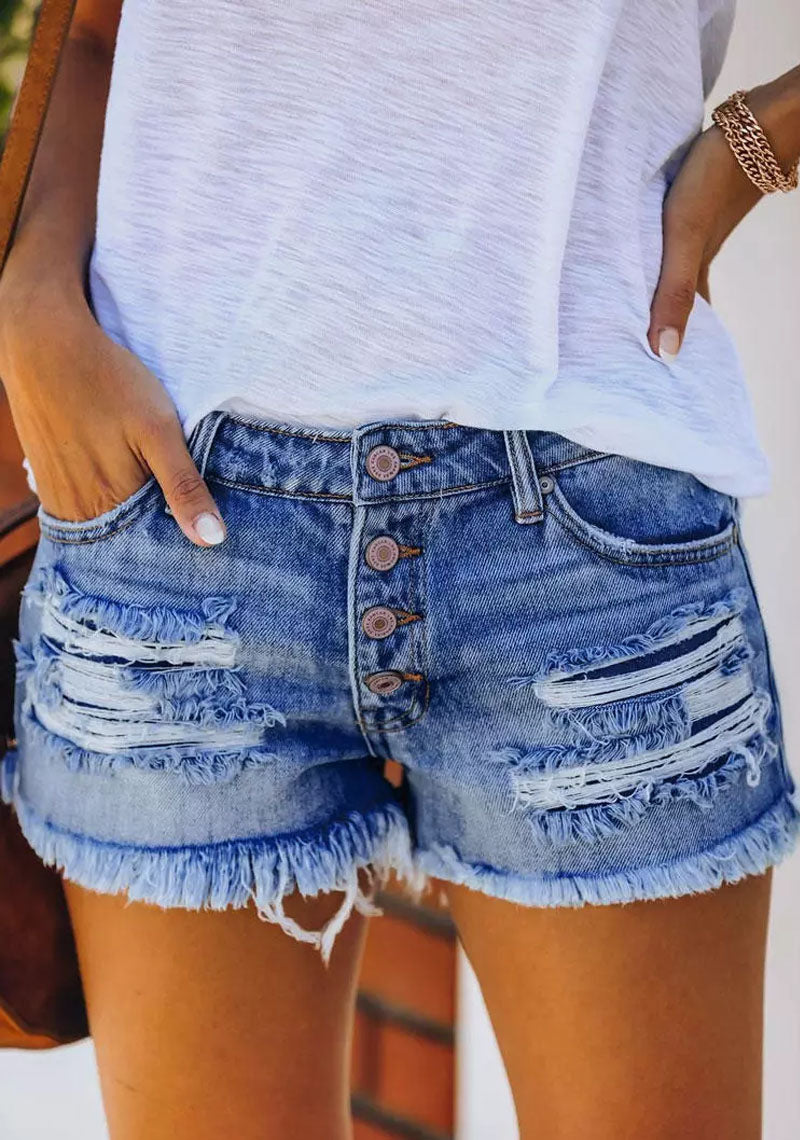 Pocket Button Ripped Hole Denim Shorts