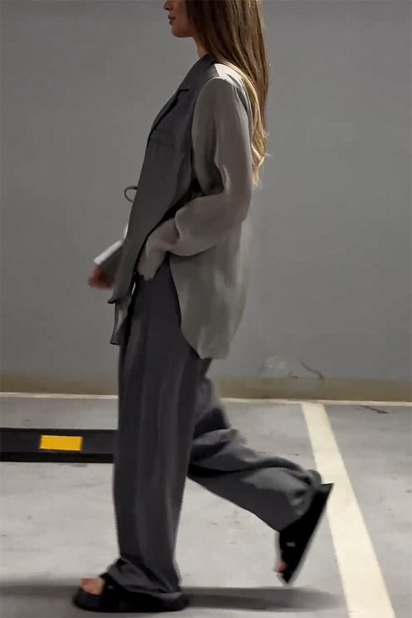 Chic and Elegant Chiffon Patchwork Irregular Lace-up Jacket and Pocketed Straight-leg Pants Set