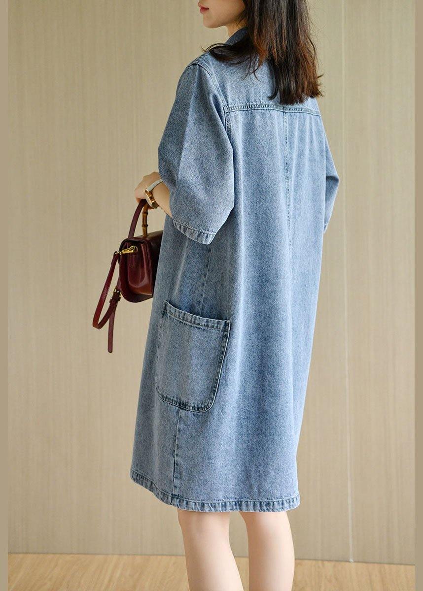 Denim Collared Button Front Patch Pocket Short Sleeve Shift Mini Dress - View 4