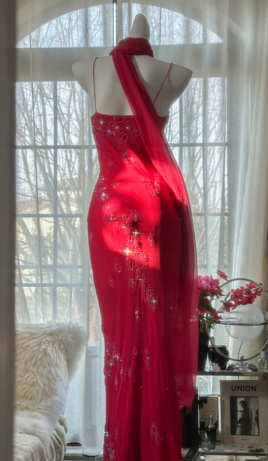 Pretty Red Spaghetti Straps Chiffon Beaded Mermaid Evening Dress Long Birthday Party Dress Prom Gown D1789