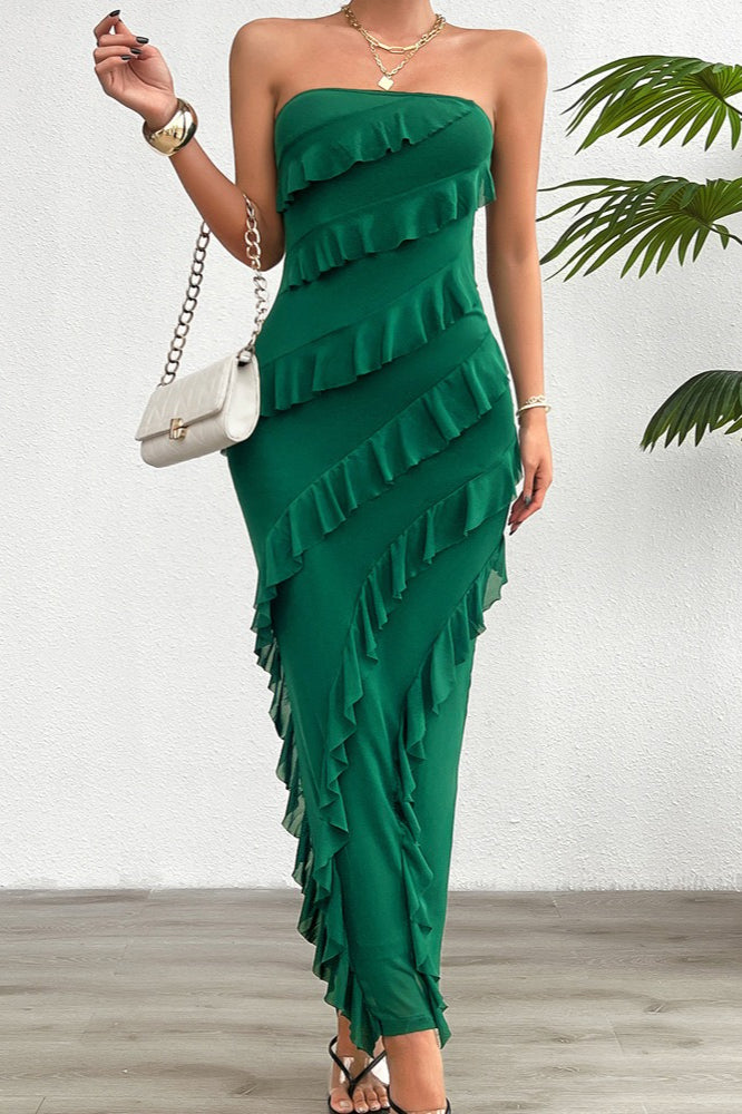 Mesh Strapless Asymmetric Ruffle Bodycon Maxi Dress