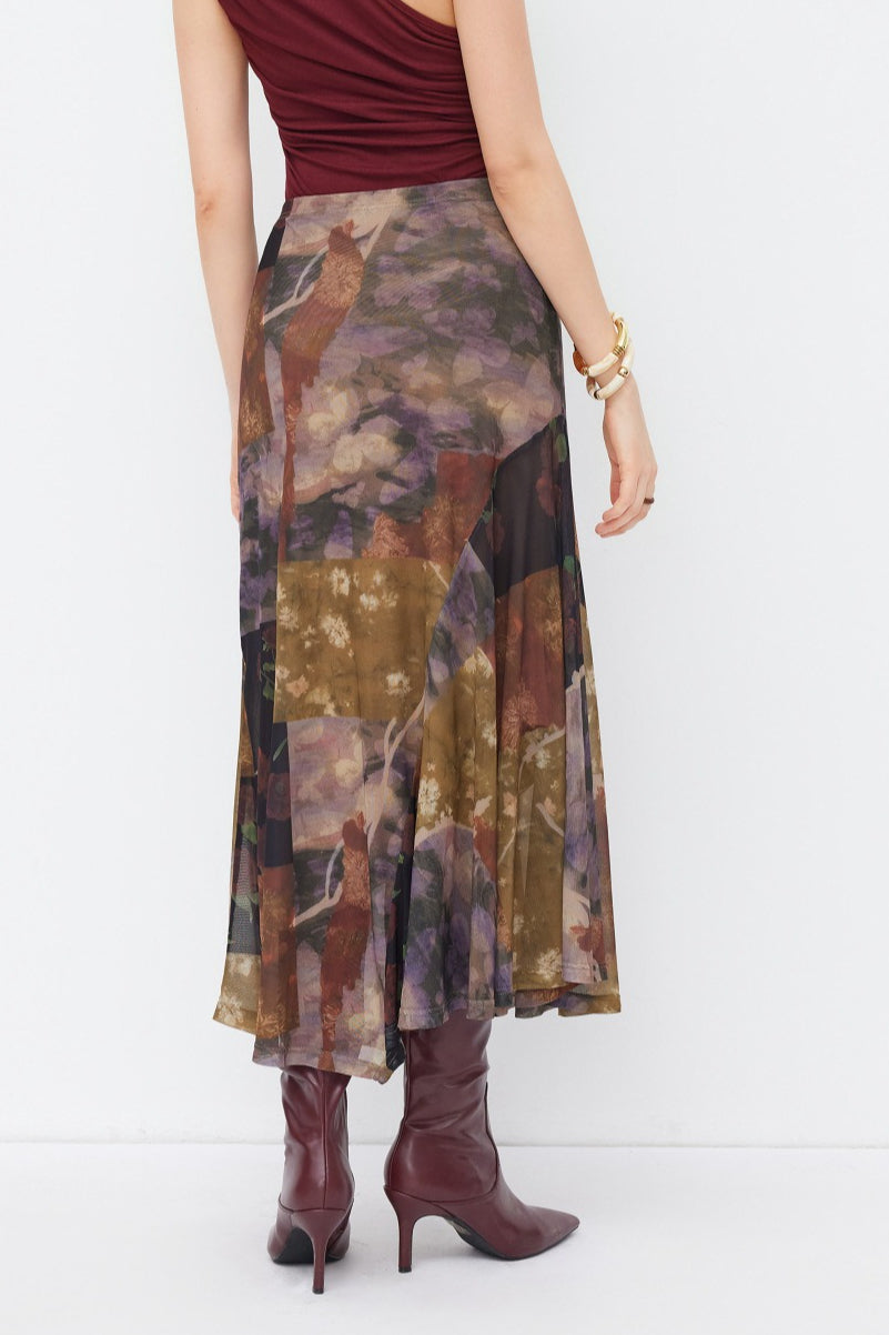 Floral Mesh Asymmetric Slit Midi Skirt