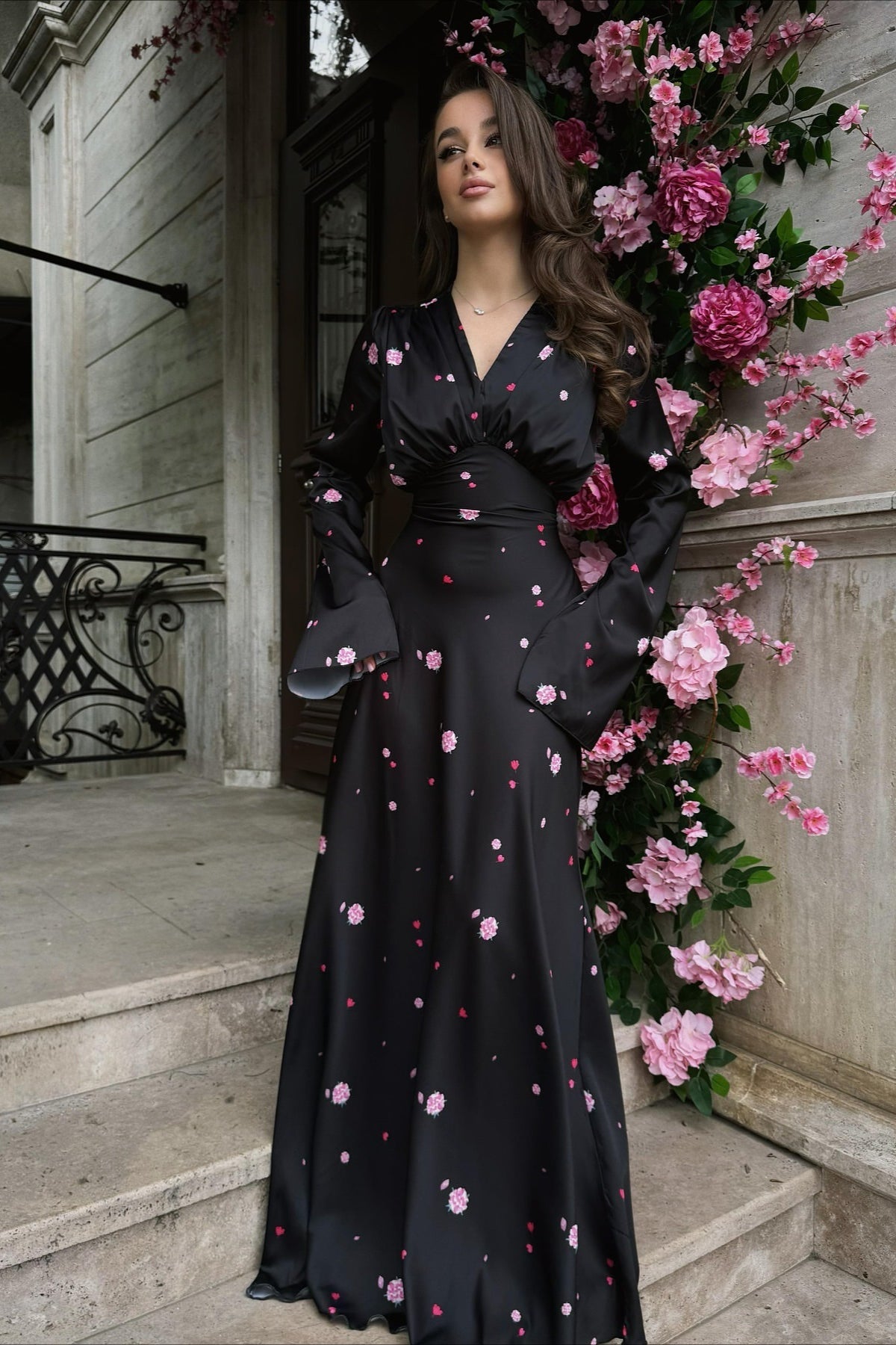 Floral Satin V-Neck Long Sleeve Maxi Gown