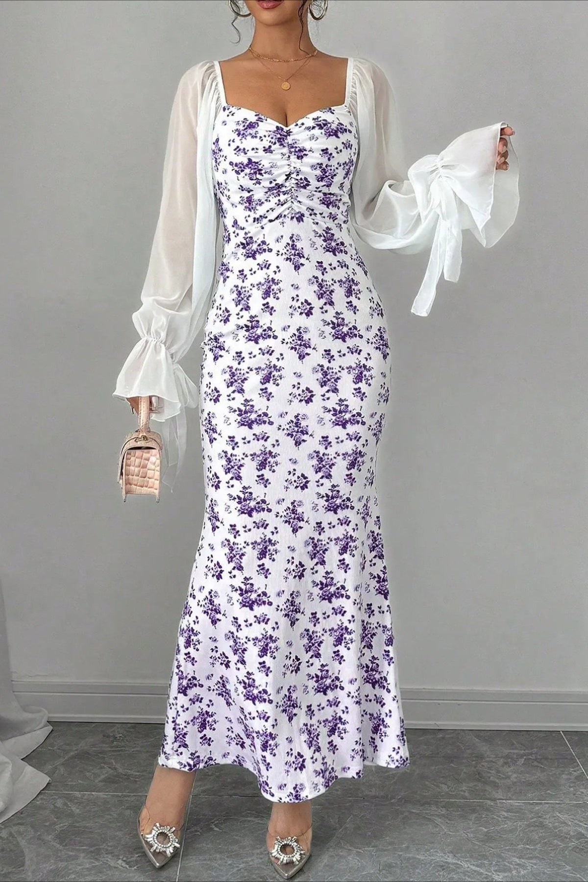 Floral Sweetheart Long Sleeve Ruched Mermaid Maxi Dress - View 7