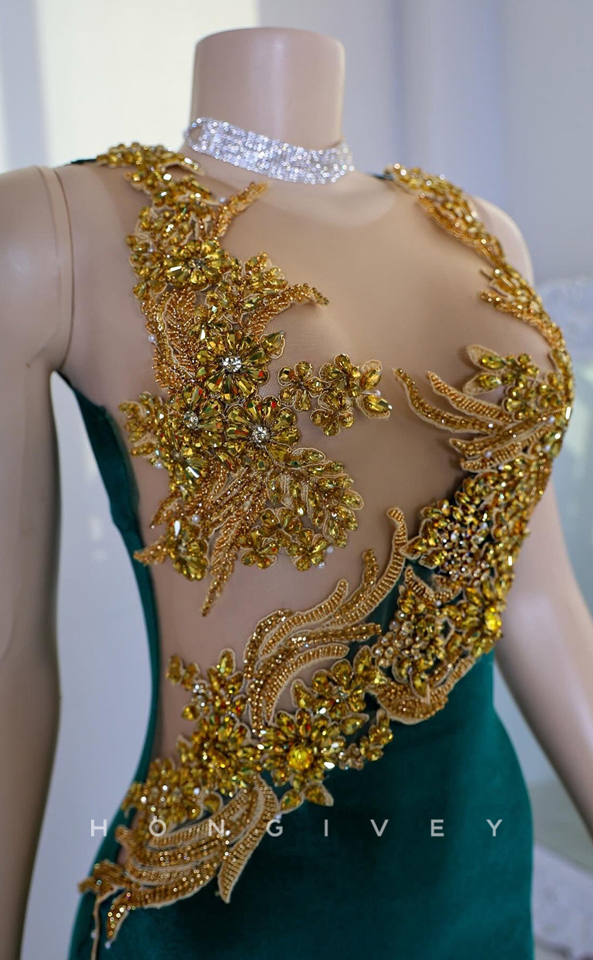 L2926 - Round Sleeveless Trumpet Appliques Beaded Party Prom Evening Dress For Black Women - Fashionpara