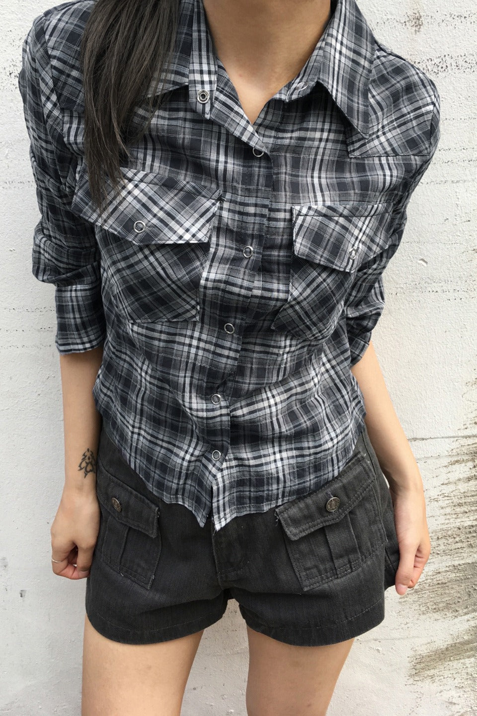 Retro Utility Checkered Blouse