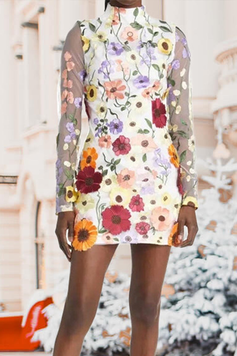 3D Lace Flower Embroidered Long-sleeved Fitted Dress - Fashionpara