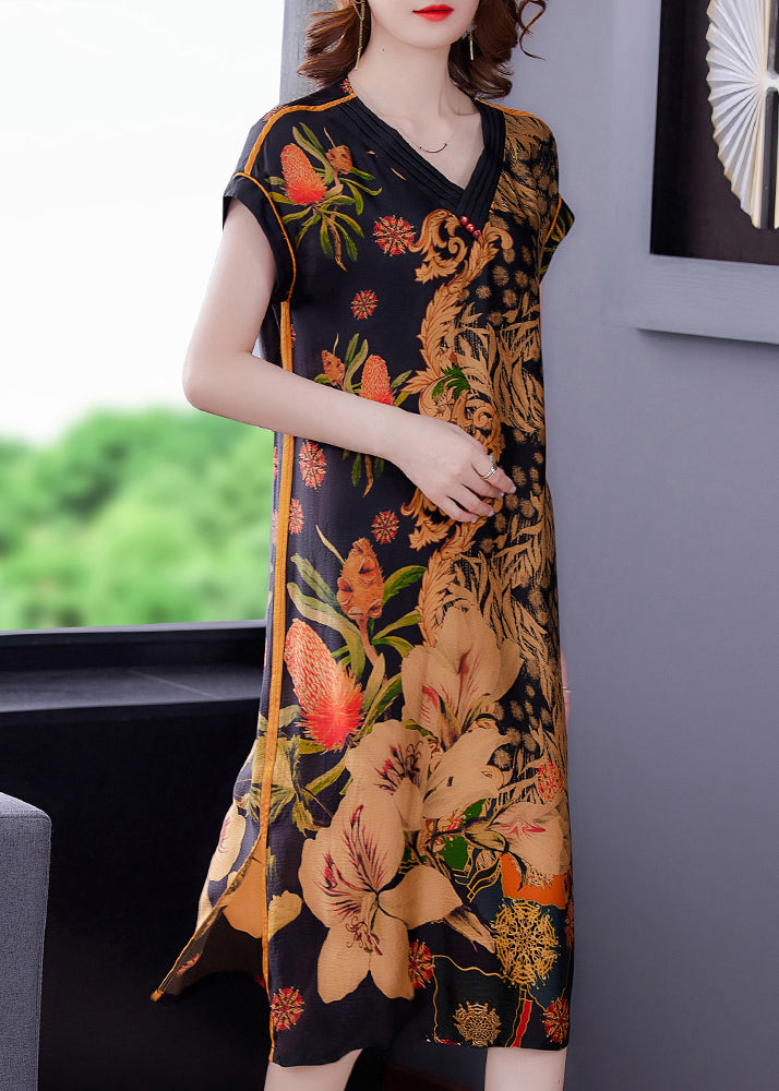 Ornamental Floral Print V-Neck Cap Sleeve Piped Shift Midi Dress