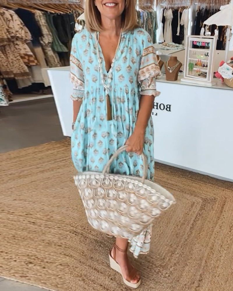 Block Print V-Neck Button Front Half Sleeve Tiered Midi Dress