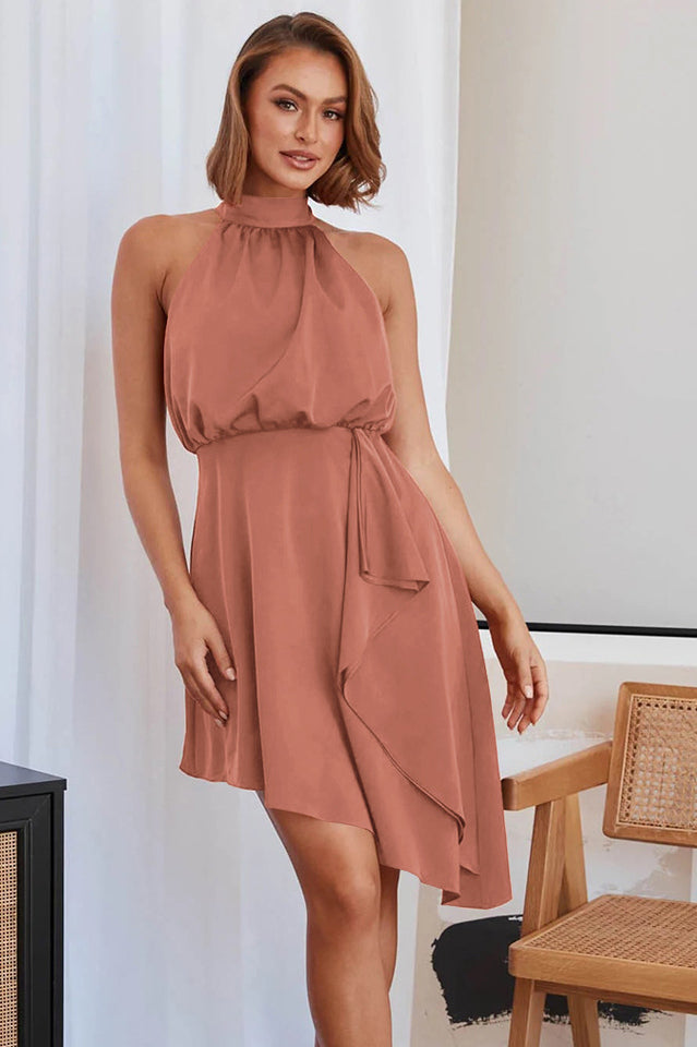 Halter Neck Sleeveless Asymmetric Hem Midi Dress