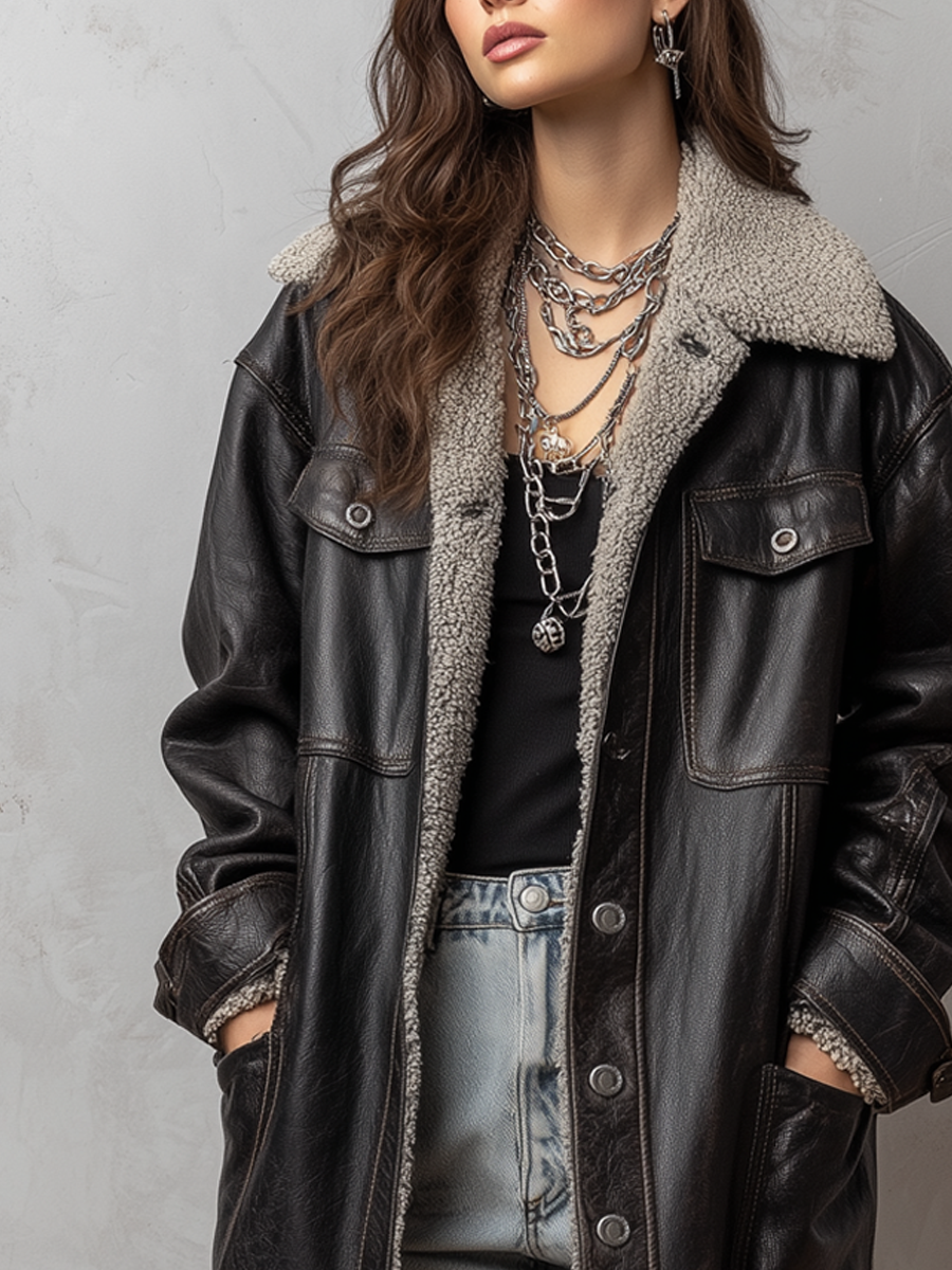 Casual Pocket Shearling Eco-friendly Leather Coat - Fashionpara