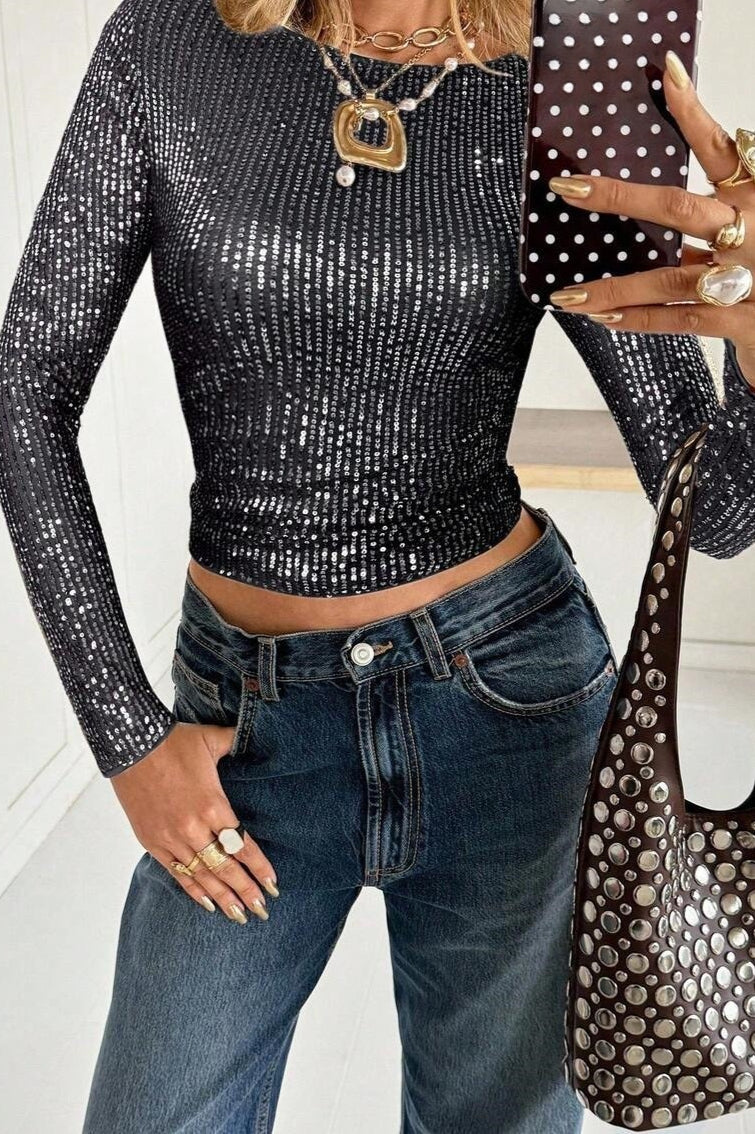 Sequin Crew Neck Fitted Long Sleeve T Shirt