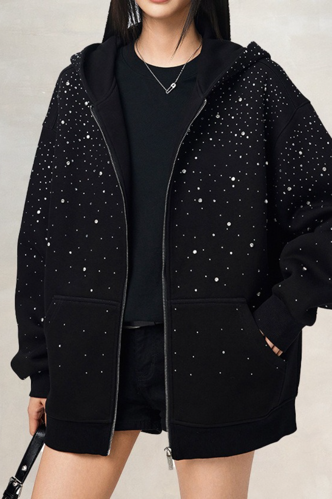 Trendy Rhinestone Air Layer Zip Black Oversized Hoodie