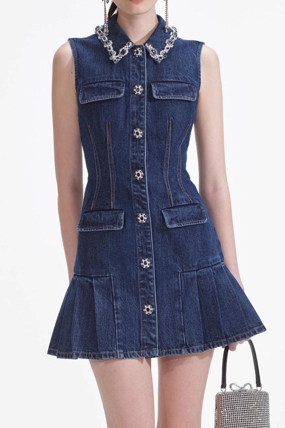 Blue Rhinestone Mini Denim Dress