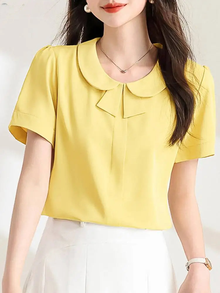 Casual Loose Lapel Solid Color Short Sleeve Blouse