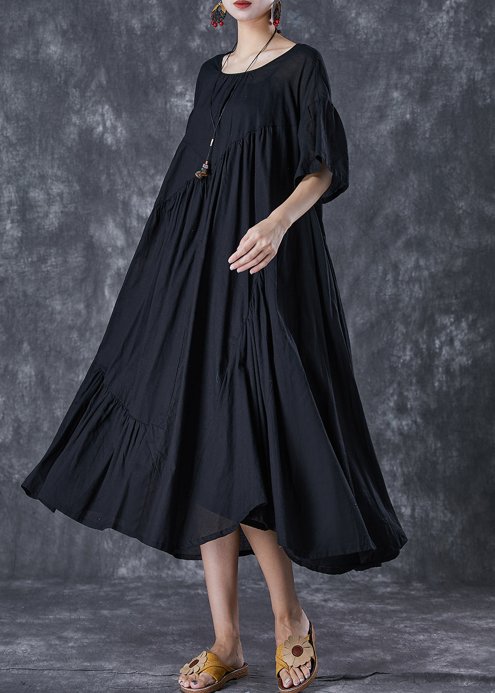 Oversized Asymmetrical Tiered Pleated Pocket Midi Smock Dress - View 3
