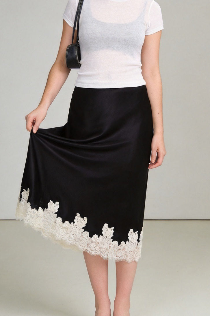Lace Trim Satin Midi Skirt