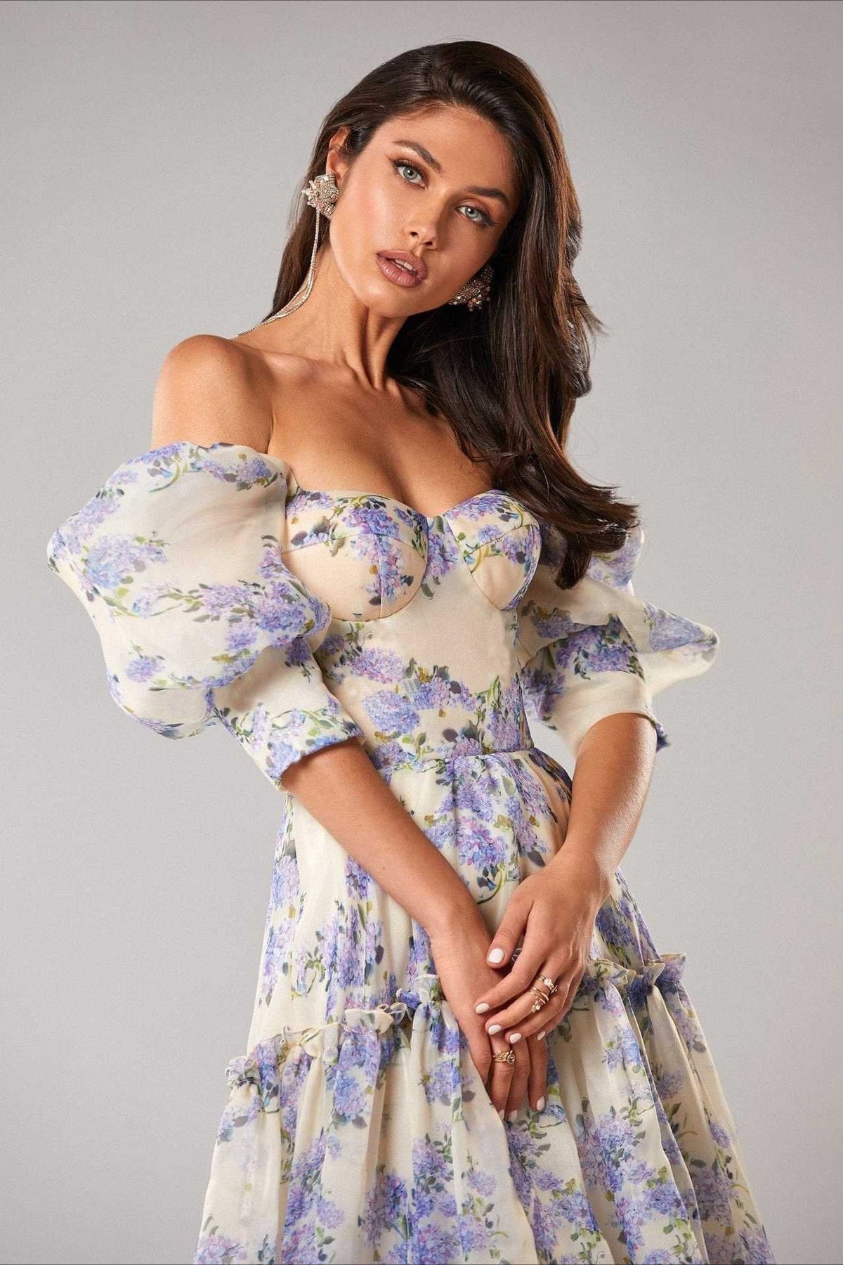 Floral Off Shoulder Puff Sleeve Sweetheart Tiered Maxi Dress - View 5