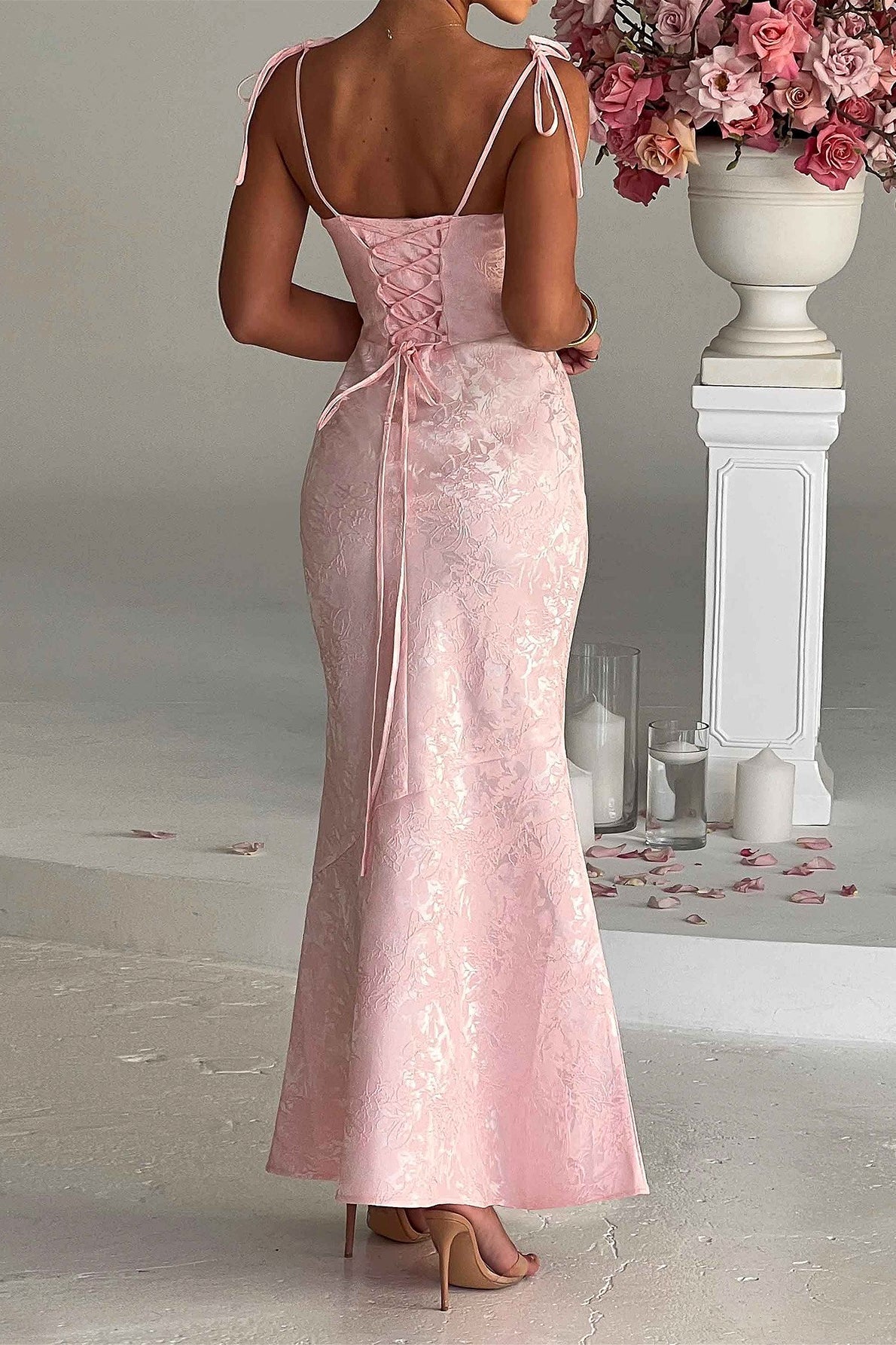 Jacquard Square Neck Tie Strap Fishtail Maxi Gown 6