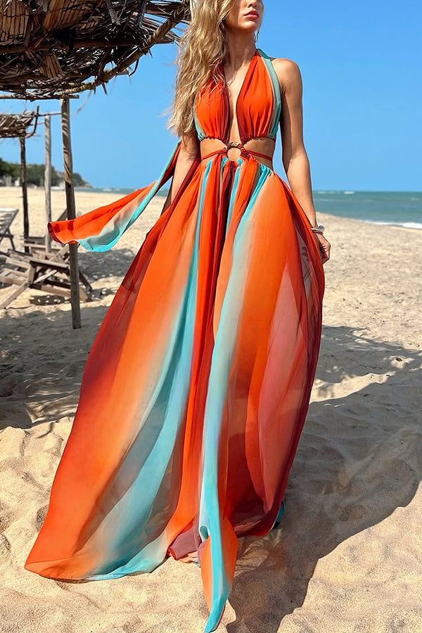 Variety of Styles Tulle Printed Ring Hollow Design Slit Vacation Maxi Dress - Fashionpara
