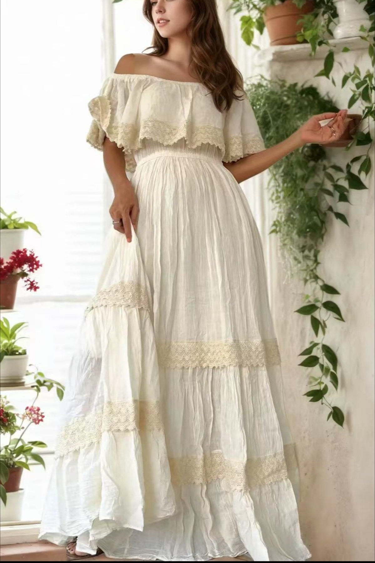 Off-Shoulder Ruffle Lace Trim Tiered Boho Maxi Dress