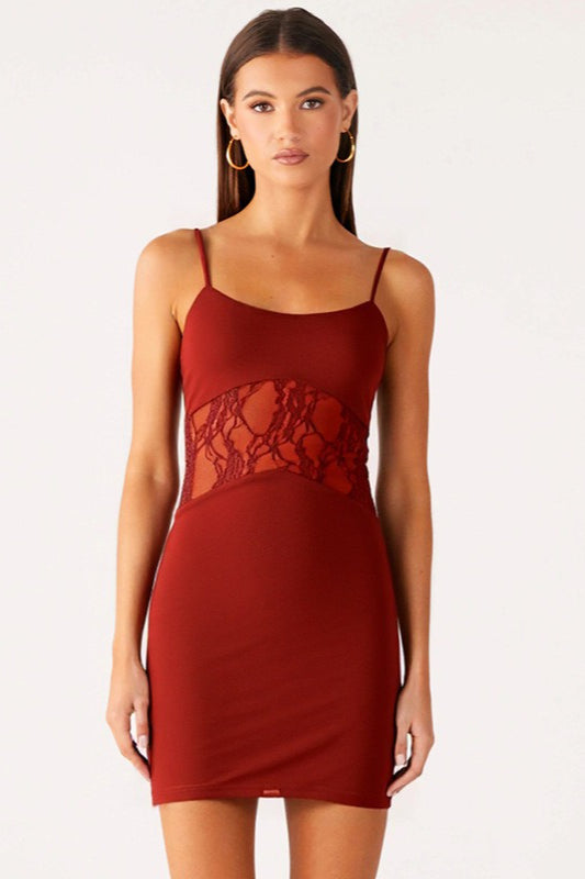 Scoop Neck Spaghetti Strap Lace Panel Bodycon Mini Dress