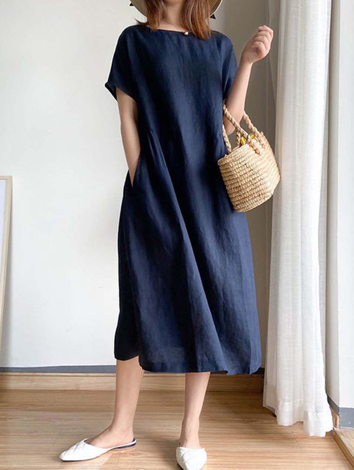 Round Neck Short Sleeve Gathered Empire Waist Pocket A-Line Midi Dress - View 2