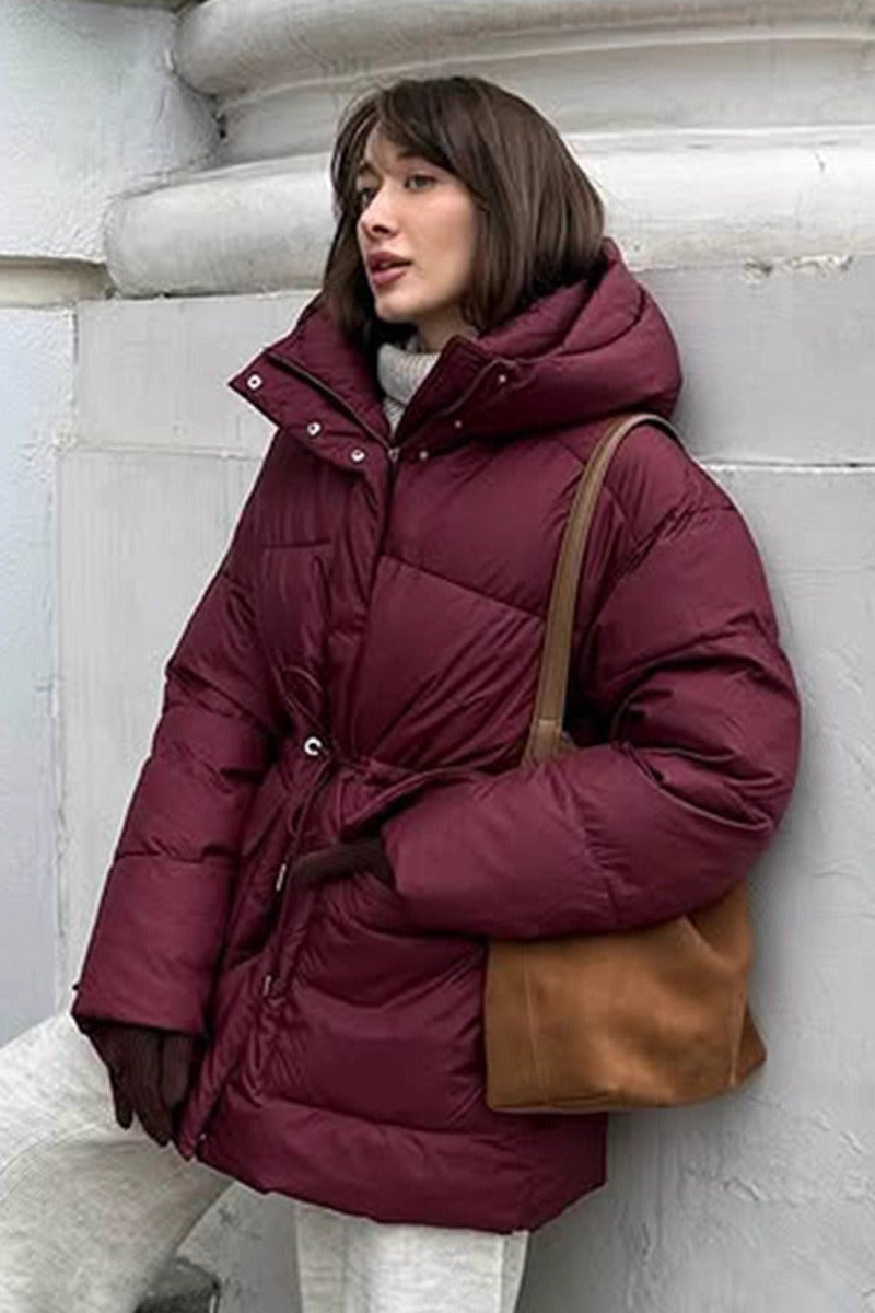 Wine Red Belted Hooded Puffer Coat - Fashionpara
