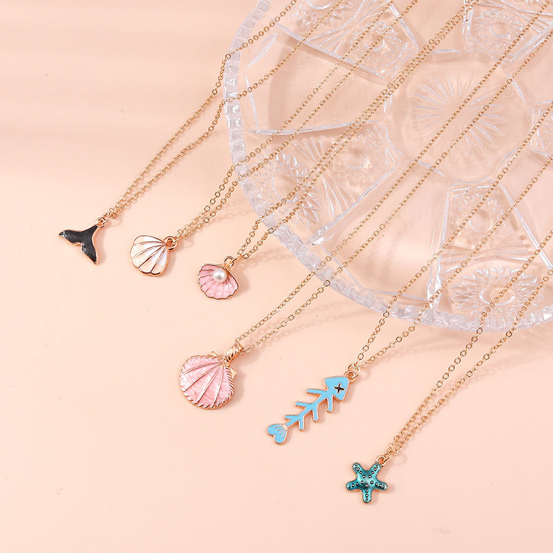 Pearl Shell Starfish Tail Fish Bone Pendant Necklace Set