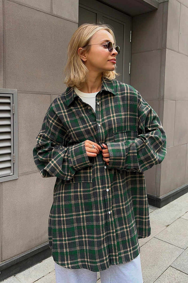 Plaid Mid Length Double Pocket Shirt Blouse