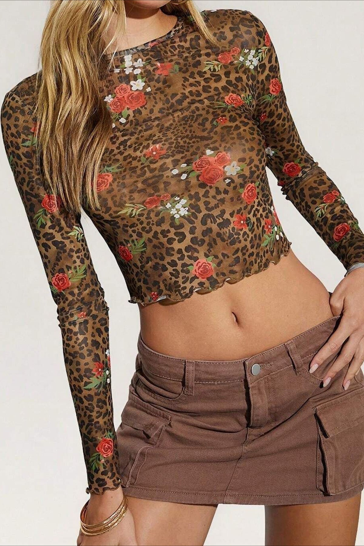 Leopard Floral Mesh Long Sleeve Crop Top