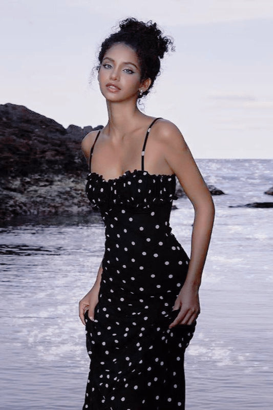 Polka Dot Backless Cami Bodycon Maxi Dress - Fashionpara