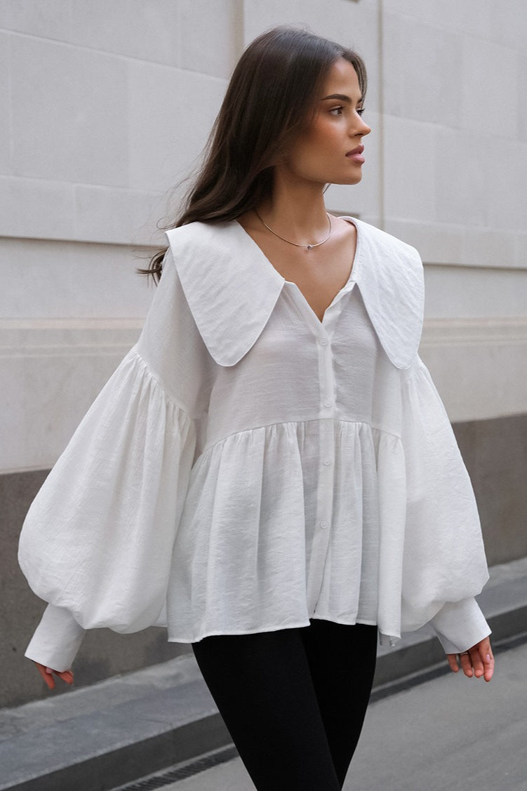 Vintage Baby Collar Pleated Puff Sleeve Blouse