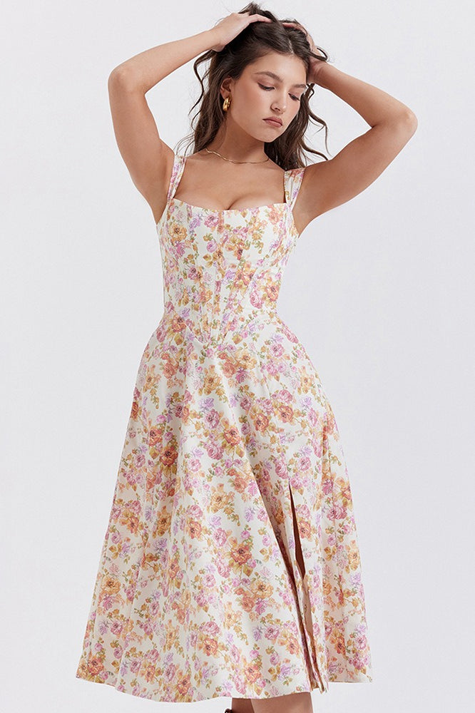 Floral Print Square Neck Corset Midi Dress