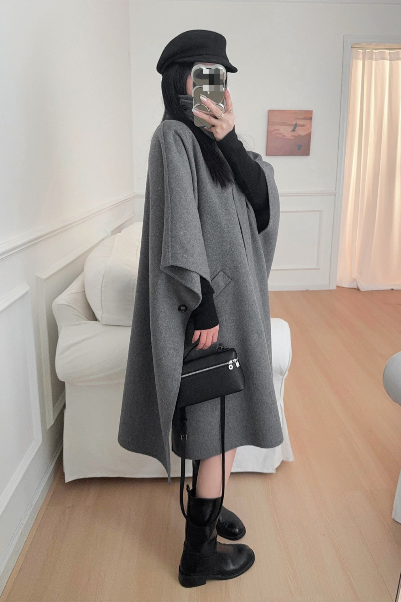 Beige Lapel Double Faced Wool Blend Cape Convertible Overcoat