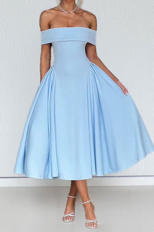 Off-Shoulder Waist-Cinched Solid Party Dress