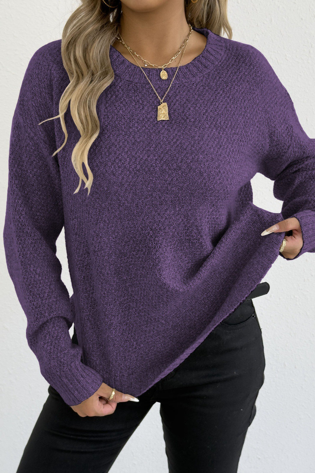Textured Crew Neck Longline Sweater