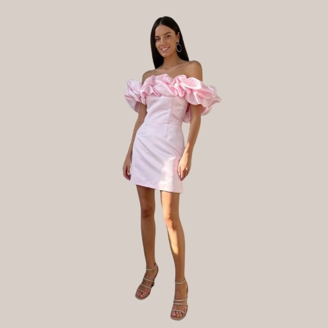 Satin Off Shoulder Dramatic Ruffle Bodycon Cocktail Mini Dress - View 6