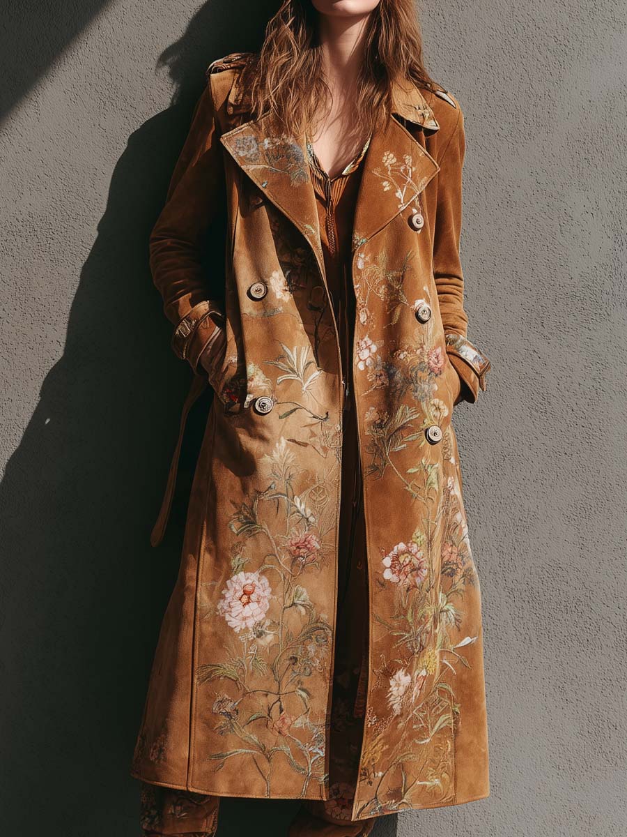 Printed Microfiber Suede Maxi Trench Coat - Fashionpara