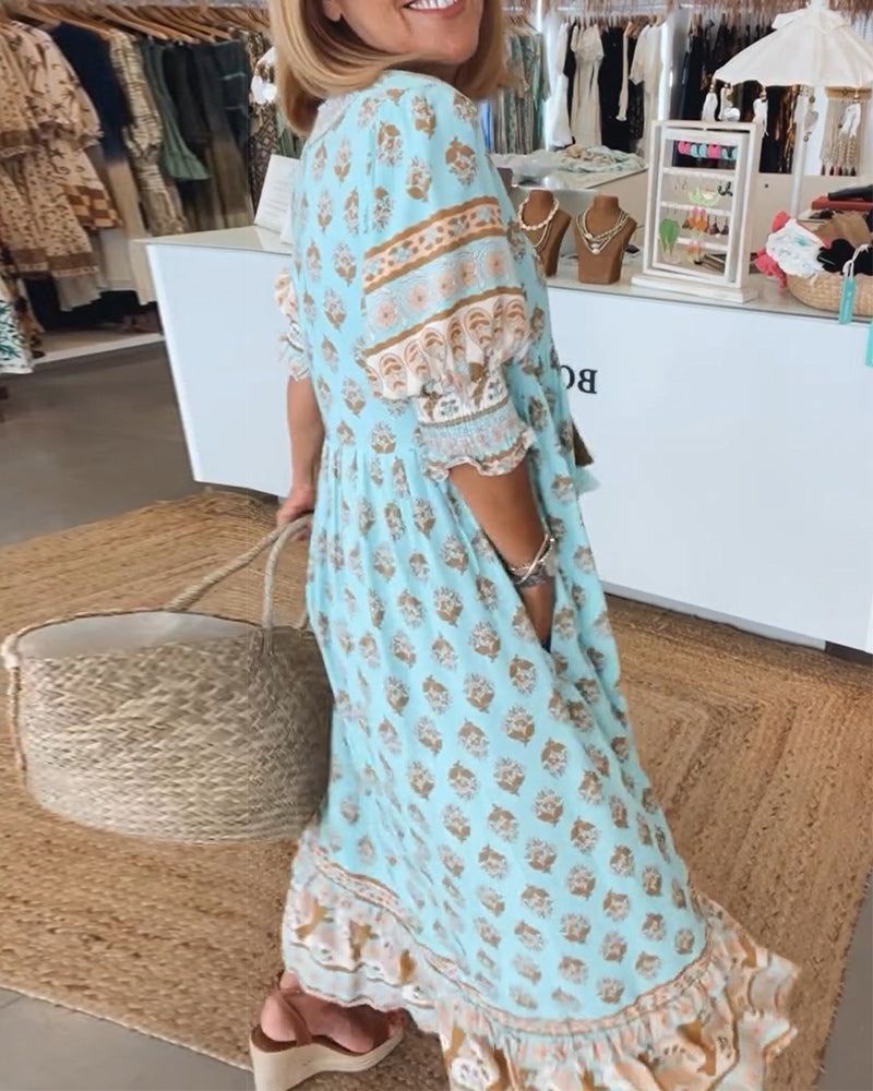 Block Print V-Neck Button Front Half Sleeve Tiered Midi Dress 2
