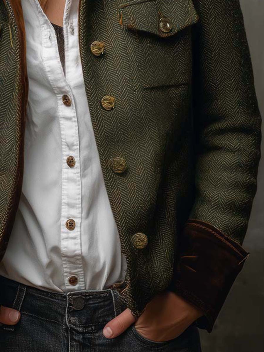 Herringbone Tweed Contrast Trim Button Front Jacket 7