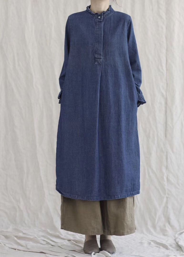 Ruffle Collar Cuff Long Sleeve Denim Button Front Midi Dress - View 3