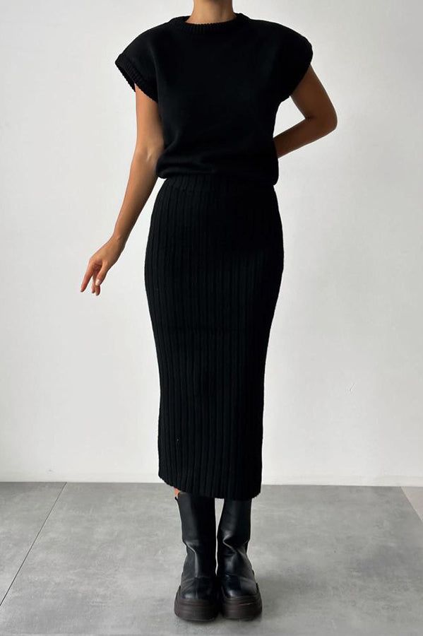 Triko Knit Short Sleeve Sweater with Ribbed Midi Skirt Set