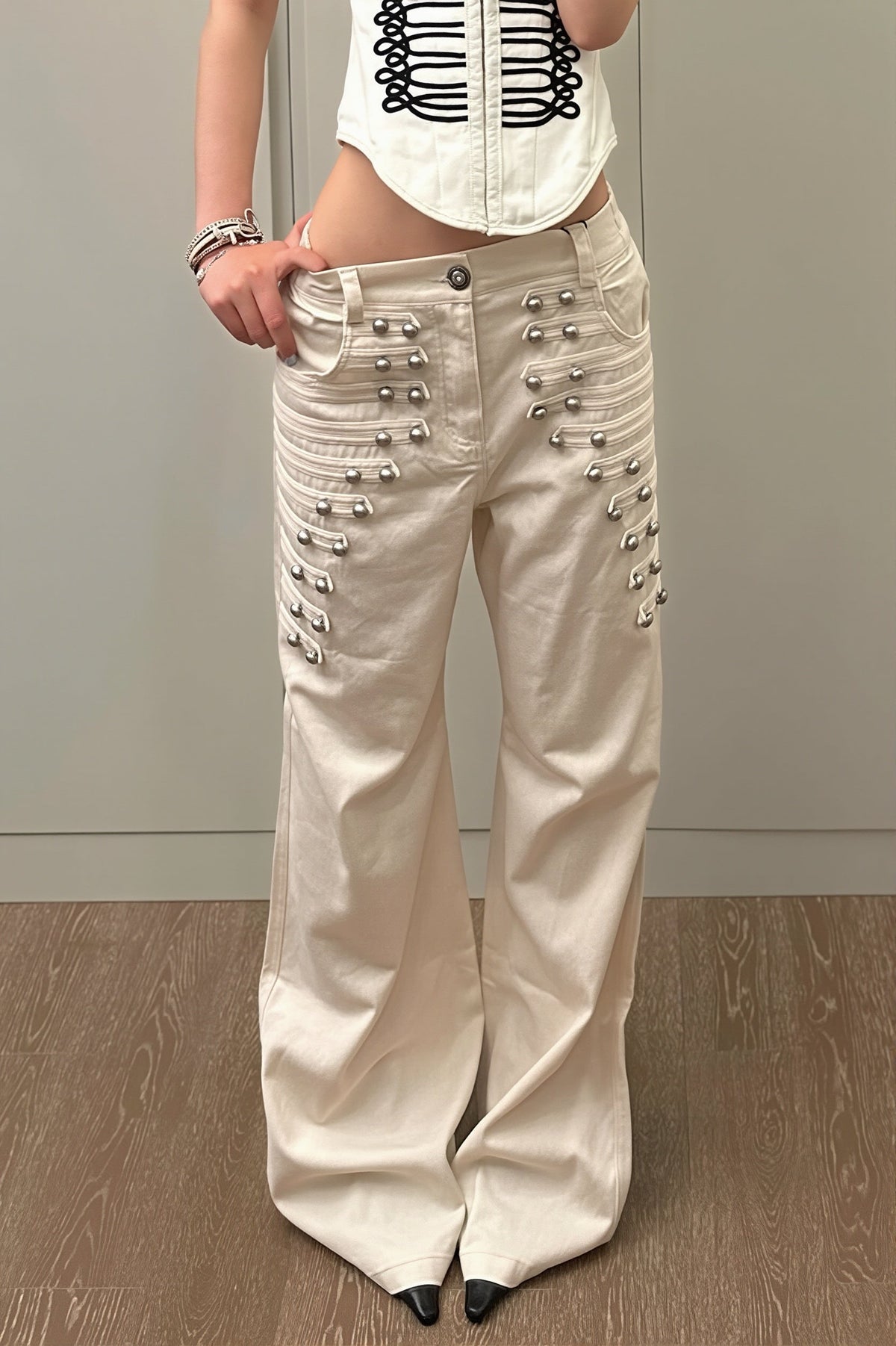 Studded Button Front Wide Leg Denim Pants