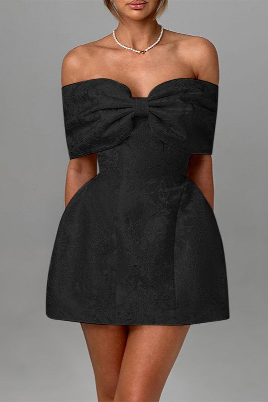 Off Shoulder Oversized Bow Brocade Structured A-Line Mini Party Dress - View 6