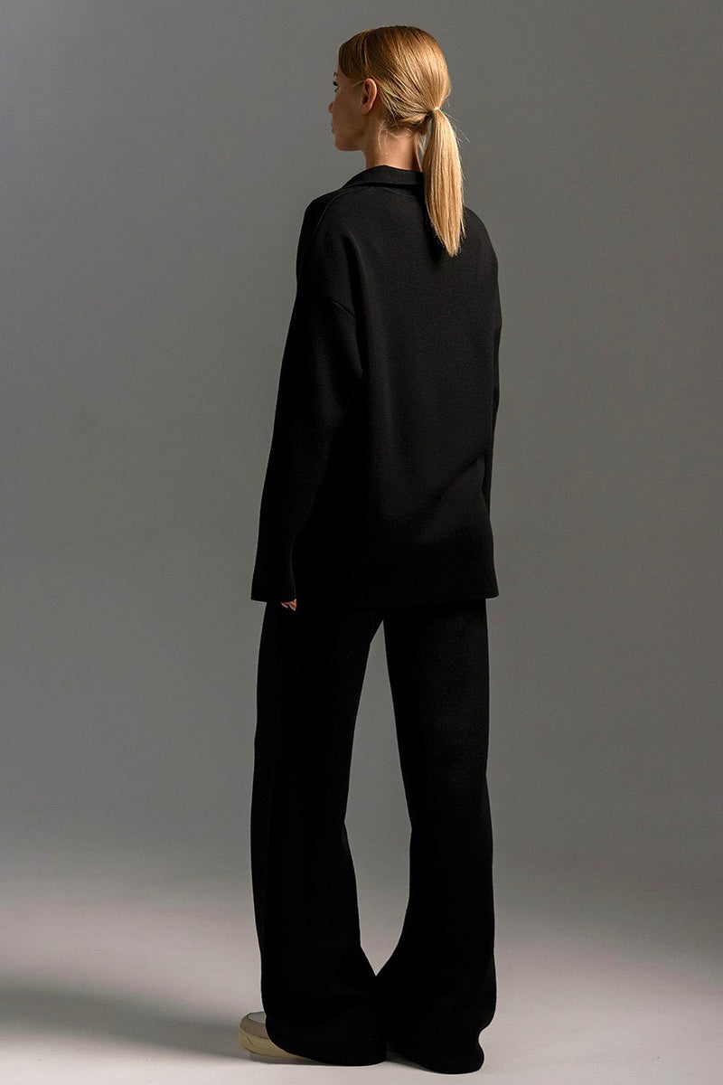 Polo Collar Knit Pullover Wide-Leg Pants Two Piece Set