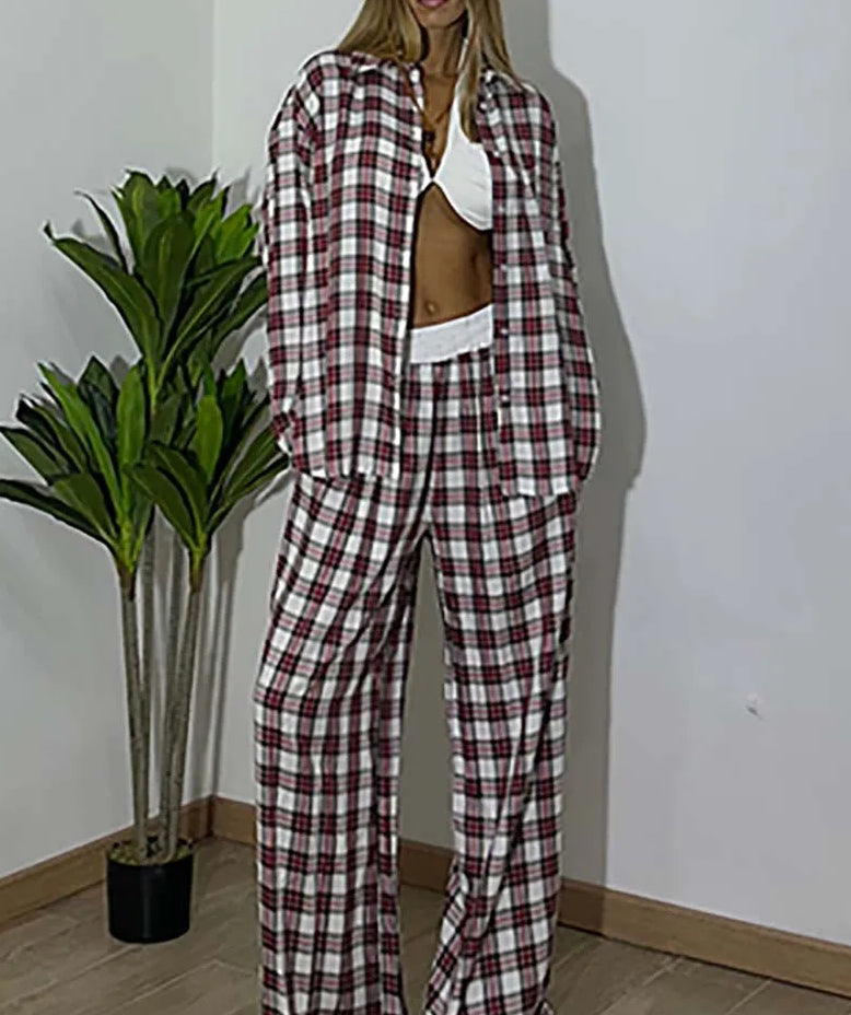 Red Print Button Shirt Trousers Office Two Piece Set