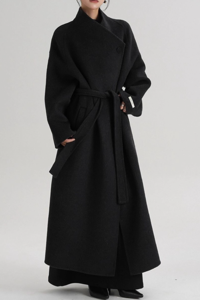 Hepburn Wool Diagonal Button Collar Tied Waist Overcoat - Fashionpara